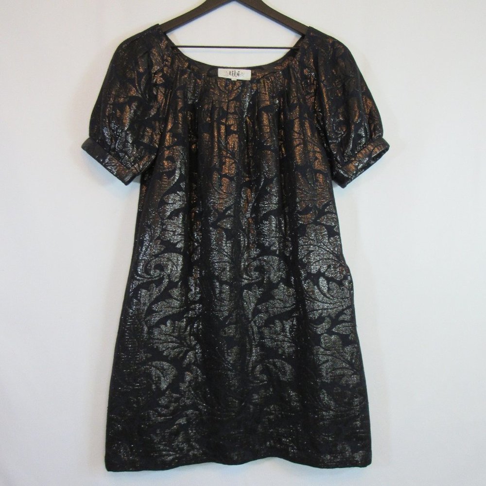 Tibi Black Metallic Jacquard Floral A Line Designer Dress